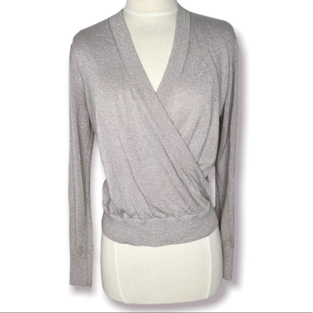 42) J Crew Shimmering Lurex Wrap Sweater in Pink Shiny Romance